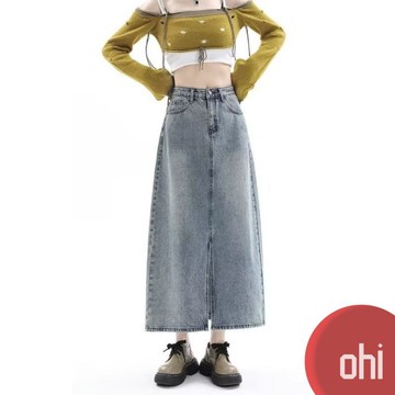 【ohi】韓版復古刷色開叉牛仔裙 高腰顯瘦 開叉設計 復古藍 女長裙 A字裙 女牛仔裙 S-5XL(XGJM5384)