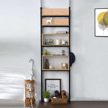 C&B 頂天立地壁面多用途置物架展示架 尺寸60x24.5x188~320cm  黑色 + 原木色