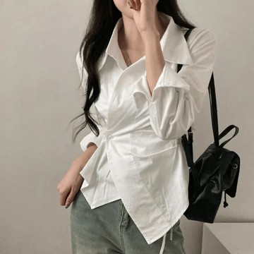 9th street 韓系不規則收腰襯衫｜條紋學院風顯瘦長袖上衣 春秋季新款 (預購)