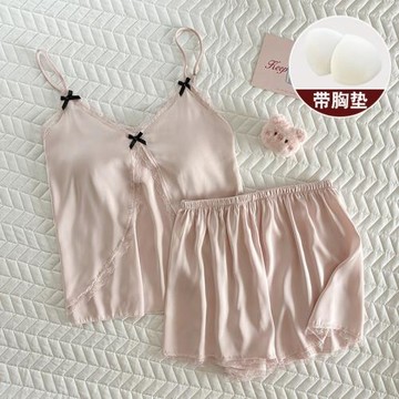 吊帶睡衣女夏薄款冰絲綢2025新款夏天性感帶胸墊假外套粉色兩件套