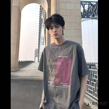 ✨限時熱購⚡ 男士短袖 T恤 短袖 男 灰色 純棉 重磅 美式 復古 港風 潮牌 寬鬆 圓領 印花 夏季 透氣 衣服