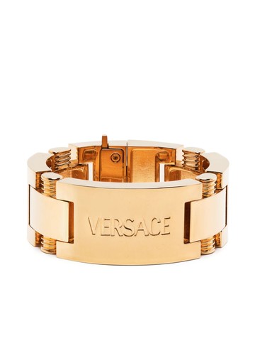 Versace - logo-engraved metal bracelet - women - Metal - S - Gold