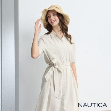 Nautica 官方旗艦 女裝 綁帶襯衫風連身素色洋裝-杏色