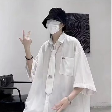 𝒚𝒐𝒖𝒓® 𝒔𝒕𝒖𝒅𝒊𝒐|日系 原宿風 薄款 涼感 配領帶 學院派襯衫 大尺碼 寬鬆襯衣 百搭七分袖 男生襯衣 C08