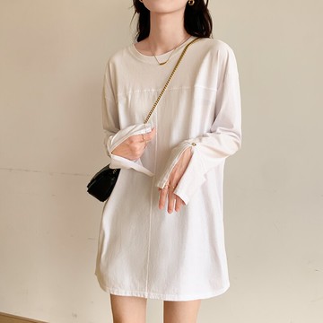 袖口開叉白色打底衫女內搭寬松中長款長袖T恤設計感小眾上衣潮流