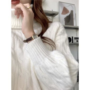 白色高領毛衣女2025新款秋冬內搭加厚寬松慵懶上衣粗線麻花針織衫