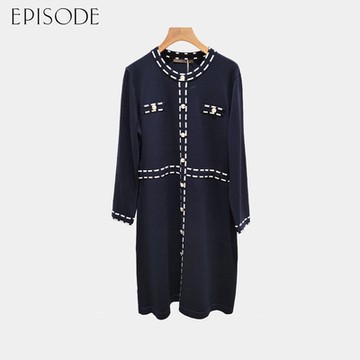 EPISODE - 法式優雅精緻修身滾邊針織長袖洋裝142715（藍）