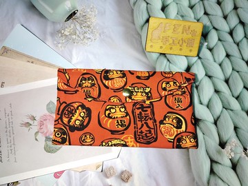 單層款布紅包袋-日本限量牛津布橘紅福神達摩不倒翁手作布紅包袋-