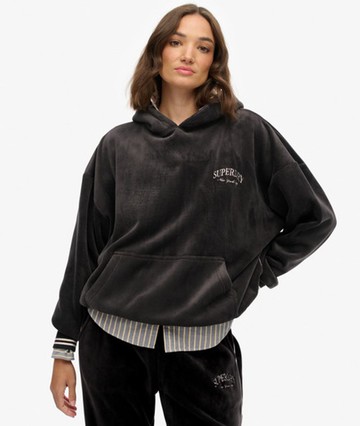 Superdry Women's Country Club Velour Relaxed Hoodie Black Size: 4