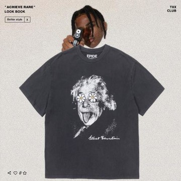 EPIDE惡搞愛因斯坦頭像雛菊印花vintage做舊男女寬松高街短袖T恤