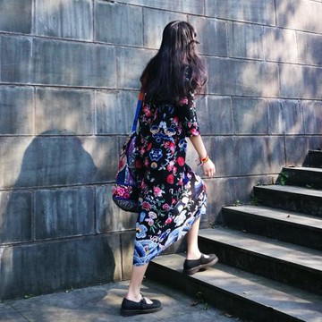 水桃素心自制民族風連衣裙春夏復古寬松棉麻定位印花長袍包郵