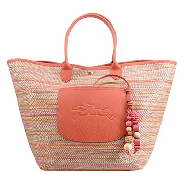 LONGCHAMP LE PLIAGE COLLECTION系列前口袋拉菲草編織提籃包(大/彩虹x橘)