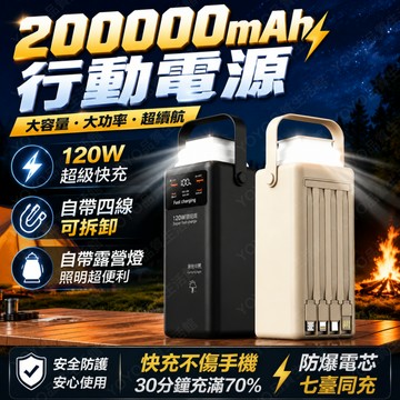 ⚡️台灣現貨⚡️200000mAh超大容量行動電源自帶四線可拆卸 120W快充 強光LED燈 戶外PD電源 便攜雙向快充