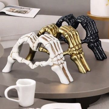 洛陽牡丹 洛陽牡丹萬聖節愛心手雕塑 比心手勢骷髏擺件樹脂工藝品 愛心家居臥室桌面裝飾禮物