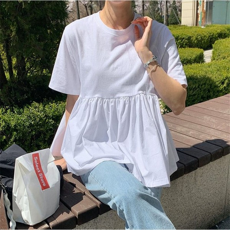 2カラー ゆったりデザイン Tシャツ カットソー レディース 夏 綿 ラウンドネック 半袖 Aライン ステッチ ルーズトップ 通販 Lineポイント最大0 5 Get Lineショッピング