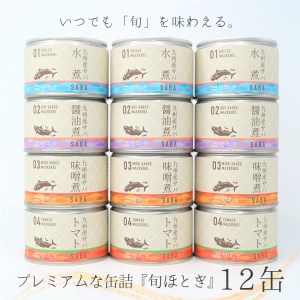 缶詰工場直送　伝統のさば缶「旬ほとぎ」4種類の味わい12缶（さば サバ 鯖 九州産 缶詰 サバ缶 さば缶 鯖缶 水煮 醤油煮 味噌煮 トマト煮 ご飯のお供 保存食）