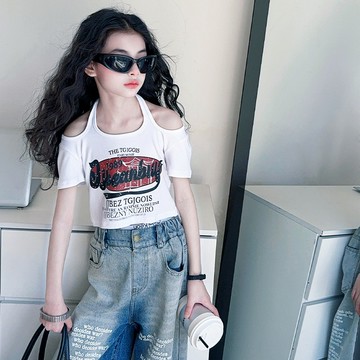 【中大女童/親子裝】美式嘻哈牛仔闊腿褲+露肩T恤(拆賣)