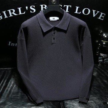 LORK&DEEM 韓版休閑豎條紋翻領毛衣男士簡約純色針織Polo衫上衣