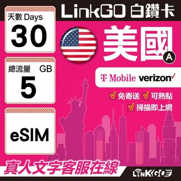 LinkGO白鑽卡 美國A eSIM卡 30天上網卡 總流量5GB  高速流量(美國網卡 舊金山 洛杉磯 紐約 西雅圖)