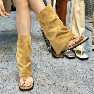 2025時尚露趾人字靴子內增高反絨皮堆堆靴春夏新款兩穿褲管靴涼鞋