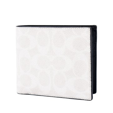 COACH 男款 緹花LOGO防刮皮革八卡短夾-白色/附證件夾