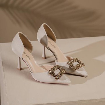 6693-6法式春季新款方扣水鉆職業OL歐美風氣質名媛中空細跟女單鞋