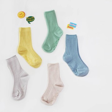 韓國連線 - (五入組)韓製兒童羅紋中筒襪-莫蘭迪-綠X芥黃