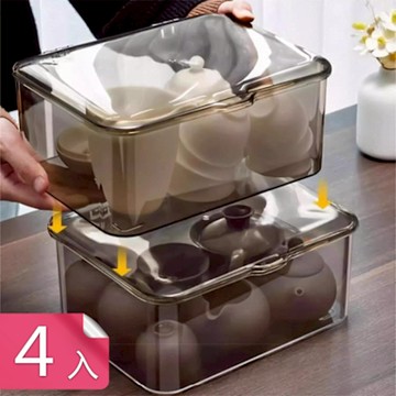 【荷生活】大容量帶蓋防塵防水茶具收納盒 透明可視加高可疊加密封收納盒-4入組