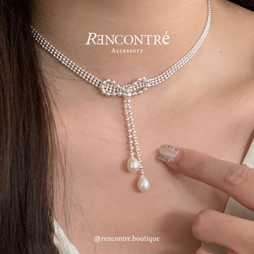 『現貨/韓國 浪漫芭蕾風 蝴蝶結排珠 淡水珍珠 純銀項鍊』Rencontre 925純銀 純銀項鍊 韓國項鍊