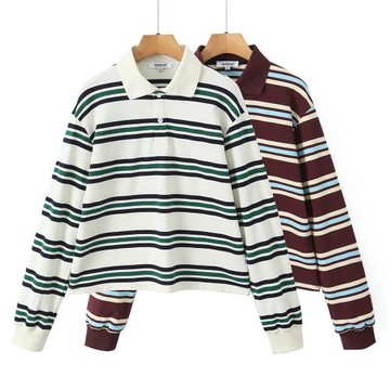 美式復古翻邊領網紅慵懶風寬松顯瘦條紋T恤甜美女生休閑百搭上衣