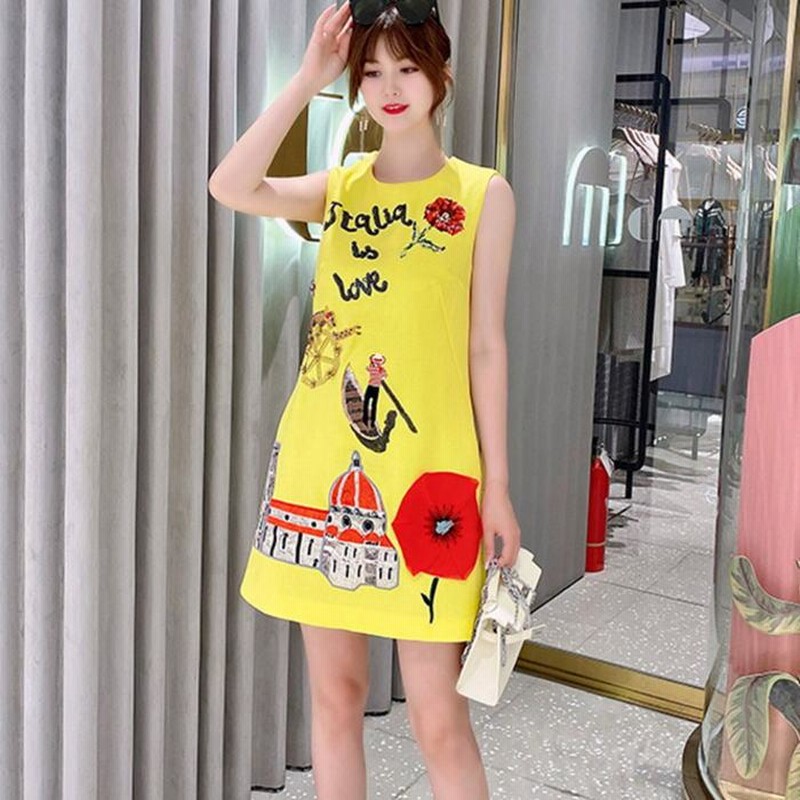 ワンピース 総柄 刺繍 ビジュー ビーズ ノースリーブ Aライン ミニ  