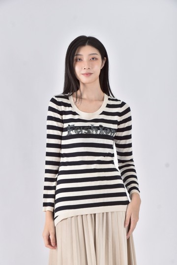 (S) jin慶百羊毛棉質針織條紋白色長袖上衣