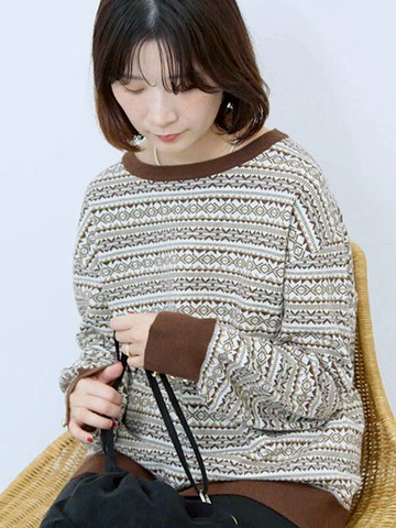 橫紋幾何圖案針織圓領上衣(0F001315010) - Samansa Mos2 blue