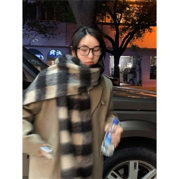 韓國冬季加厚大圍巾女高級感保暖百搭棋盤格圍脖男氣質馬海毛披肩