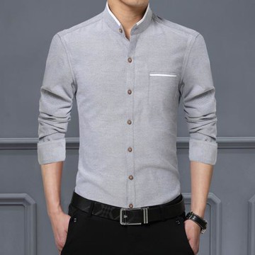 立領襯衫男長袖春秋商務時尚休閑修身男士簡約白襯衣青年大碼男裝