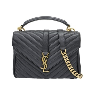 SAINT LAURENT YSL 聖羅蘭  黑色 山型紋羊皮 College 中型 肩背包 428056 【二手名牌BRAND OFF】