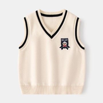 WELLKIDS - 學院風V領針織背心-熊熊-杏色
