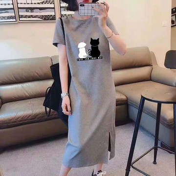 2024夏季新款修身連身裙時尚動物印花長款開叉裙子短袖女裝ins潮
