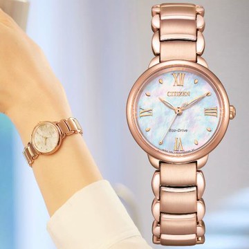 CITIZEN星辰 L系列 光動能 玫瑰金 時尚白蝶貝腕錶 EM0928-84D