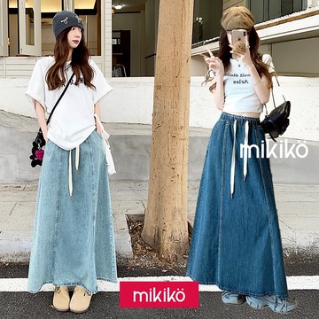 美木子｜牛仔半身裙｜鬆緊腰抽繩 水洗藍 大裙擺【B40209】大尺碼牛仔裙  中長款 寬鬆牛仔裙 抽繩牛仔裙 水洗牛仔裙