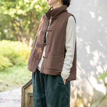 念江南中國風復古亞麻夾棉背心馬甲別致盤扣棉麻復古女裝寬松外套