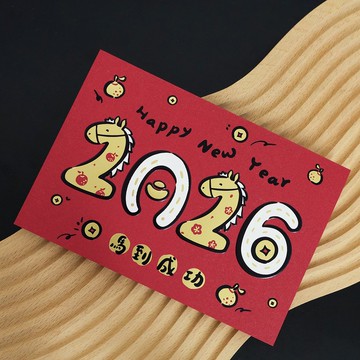 【馬到成功-紅】2026燙金賀卡 5入 馬年賀卡 賀年卡 (含信封)