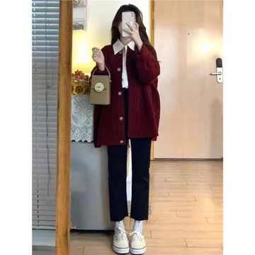 2026韓系小個子穿搭套裝高級感紅色毛衣外套2025新款女秋冬季上衣