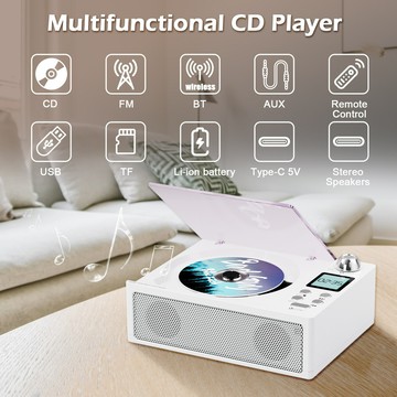 CD機 音響CD機 家用CD播放機 新款便攜 CD 播放器，雙揚聲器，Hifi音質，支持USB/TF卡/FM