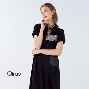 Qiruo 奇若春夏專櫃黑色時尚洋裝3023F 條紋下擺款