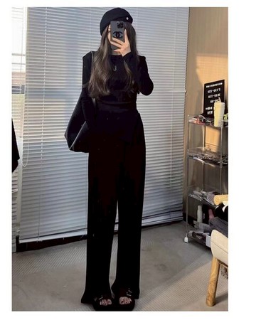 9th street氣質不規則上衣直筒寬鬆闊腿褲兩件套休閒運動套裝 黑色(預購)