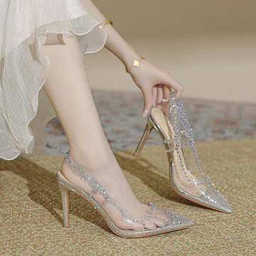 PVC尖頭透明水鉆高跟鞋女2025夏季新款網紅性感包頭婚鞋水晶涼鞋