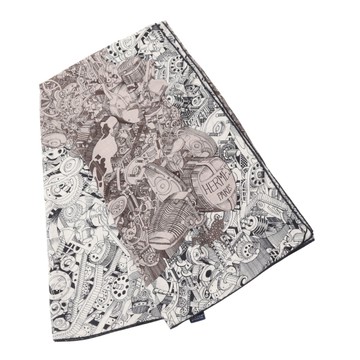HERMES 愛馬仕 Des Chevaux Sous le Capot Carre140 方巾 灰/黑色 喀什米爾 絲綢 【二手名牌BRAND OFF】