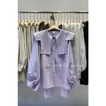 2024早春洋氣時髦個性大翻海軍領高級感慵懶學院風長袖襯衫女百搭