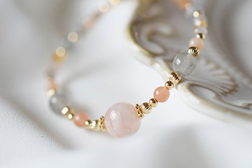 橙花。櫻花瑪瑙 拉長石 太陽石 橙月亮石 14K包金 水晶天然石手鍊